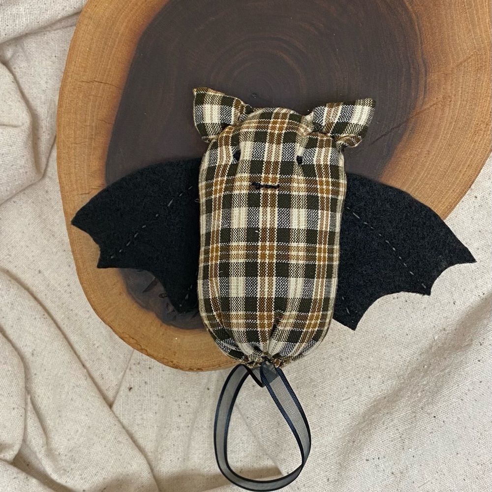 Plaid Bat Ornament  Brown Fabric Bat with Felt Wings  Halloween Décor